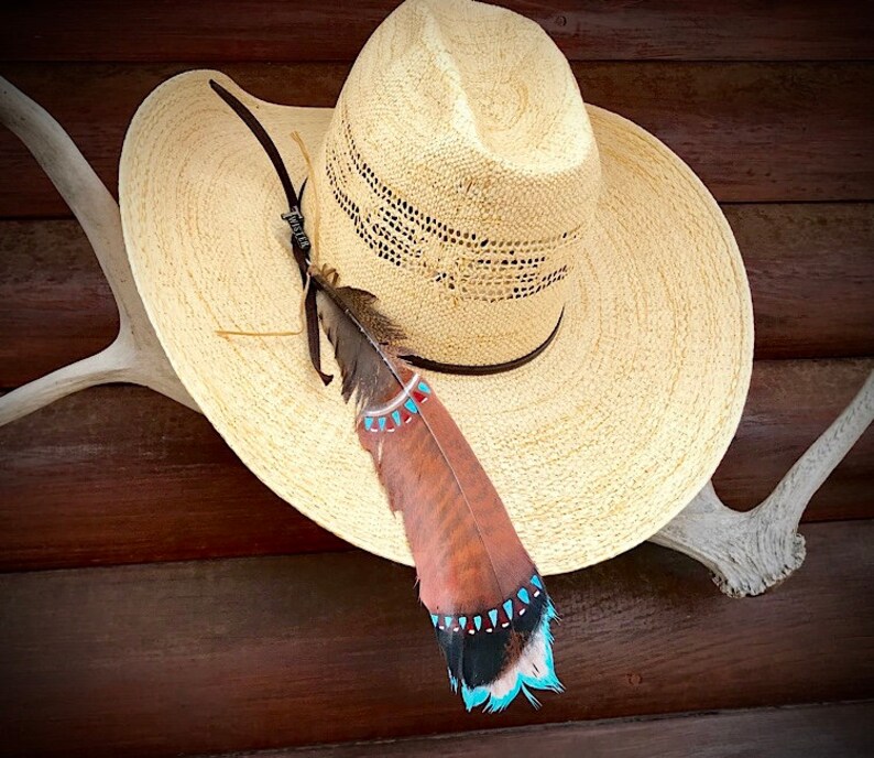 brown and turquoise tribal colors turkey Custom cowboy hat feather beautiful rust southwest can be personalized with initials or brand