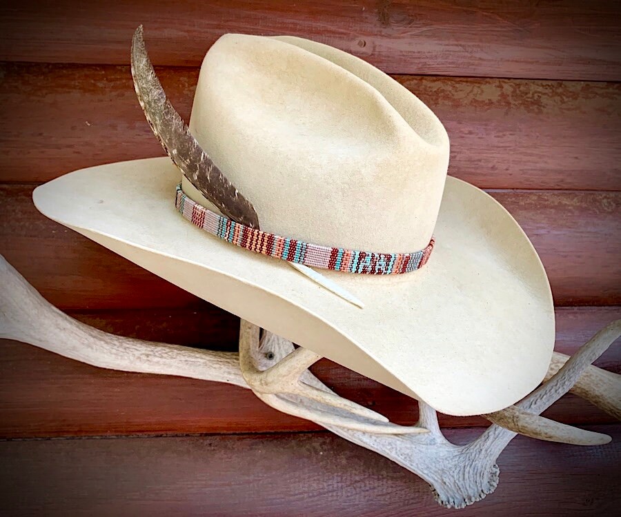 Southwestern hat band, 1/4 inch wide, southwest cloth covering leather