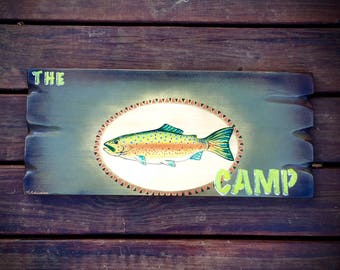 Custom sign, personalized with your name, trout fishing, fishing decor, lake home decor, fishing cabin sign, fly fishing, funky fish design