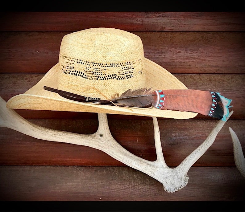 brown and turquoise tribal colors turkey Custom cowboy hat feather beautiful rust southwest can be personalized with initials or brand