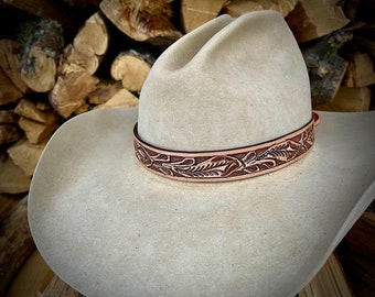 Natural leather HAT BAND, tooled leather 1 inch wide hat band, adjustable , Made In USA, boho western, retro, custom hat accessory