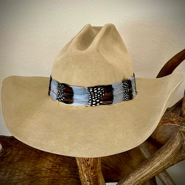 Retro Western style FEATHER Hat Band, vintage look accessory, handmade feather hat band, western hats, custom hat accessories, silver-gray