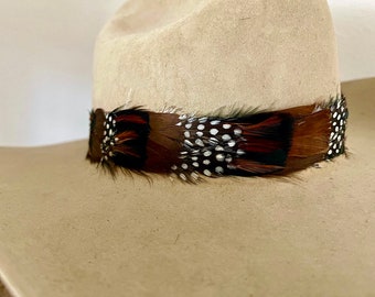 Feather hat band, Guinea and pheasant, Bronze, brown, black white, boho hippie hat feather, western retro classic cowboy or cowgirl hat band