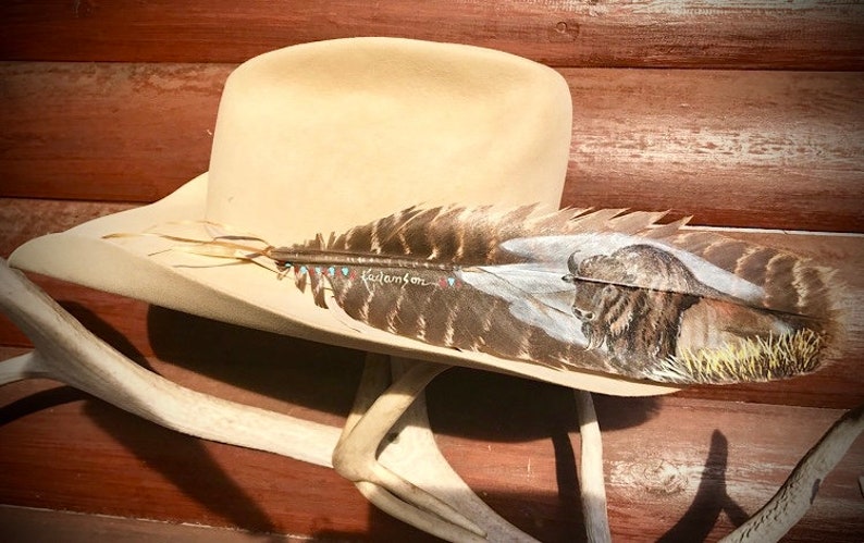 cowboy hat, western art native style buffalo feather art partial view hand painted bison wild turkey wing feather Custom hat feather