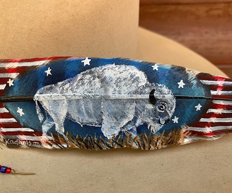 white blue sacred symbol of hope and good times to come stars and stripes western retro cowboy White buffalo custom hat feather,red