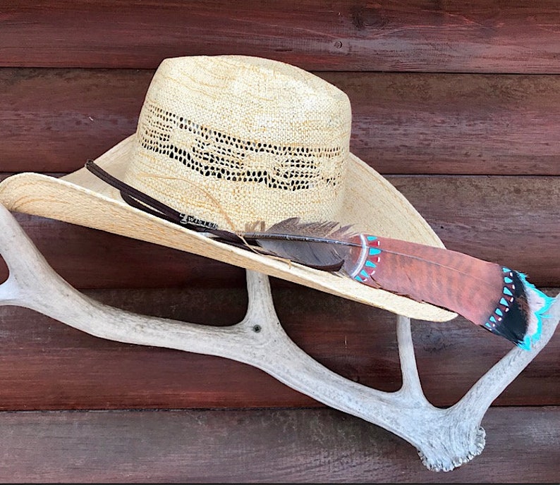 brown and turquoise tribal colors turkey Custom cowboy hat feather beautiful rust southwest can be personalized with initials or brand