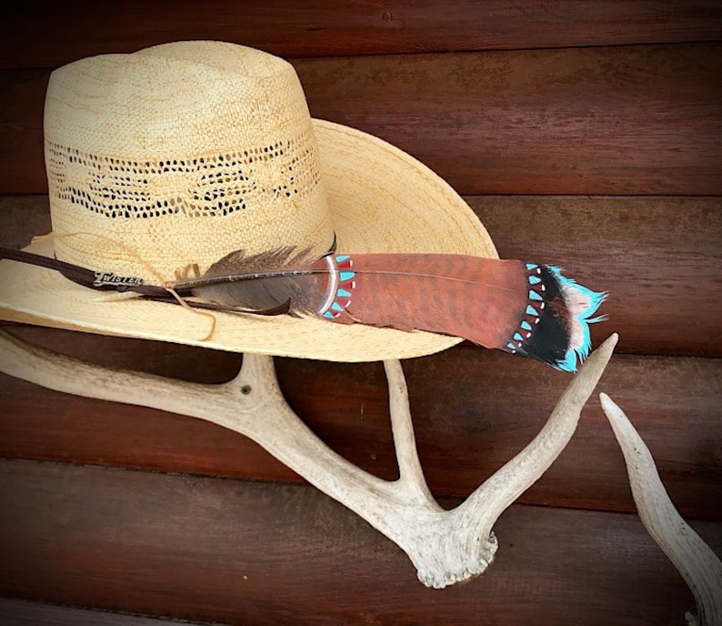 brown and turquoise tribal colors turkey Custom cowboy hat feather beautiful rust southwest can be personalized with initials or brand
