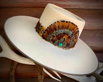 Feather hat Band , headband with 3 1/2 inch pheasant feather crown with turquoise stones, adjustable leather tie, boho hippie, western retro