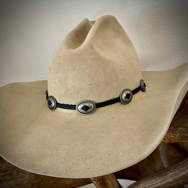 Southwestern CONCHO Hat Band, small 7/8 in wide concho, leather hat band, Choice black or Brown leather, custom hats, boho hippie, handmade