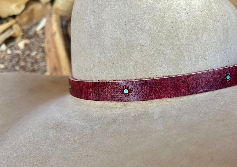 Leather Hat Band, Tooled Leather ZIA Symbol, Handmade and