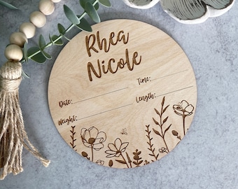 Birth Announcement, Wildflowers, Wood Name Birth Sign, Newborn Photo Prop, Wooden Baby Announcement for Girl, Birth Stats Wood Sign for girl