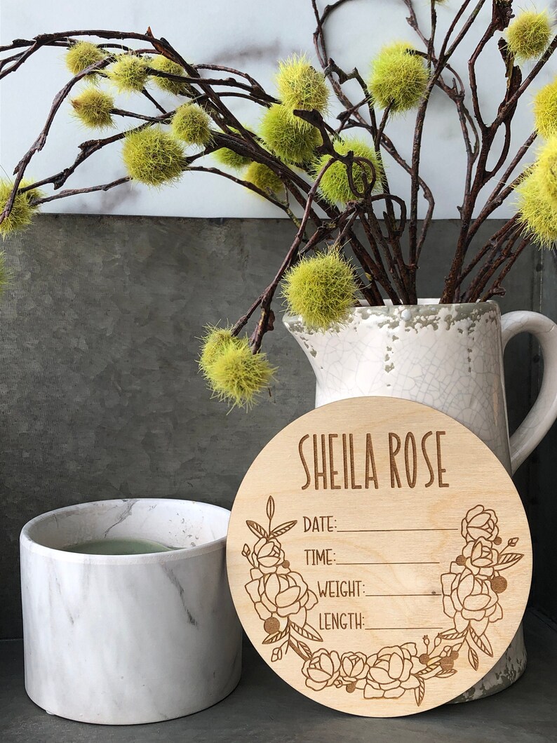 Birth Announcement Sign New Baby Gift Flower Wreath Flower Nursery Decor Newborn Photo Prop Baby Name Sign Engraved Baby Name Plaque