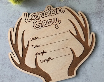 Birth Announcement Sign, Wood Name Sign, Engraved Baby Name Sign, Newborn Photo Prop, Deer Nursery Decor - Birth Announcement - Deer Antler