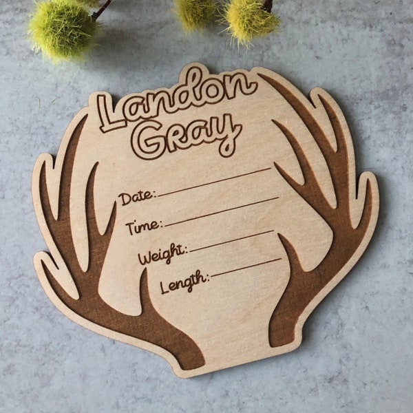 Engraved Wood Deer Antler Birth Announcement Sign: Newborn Photo Prop