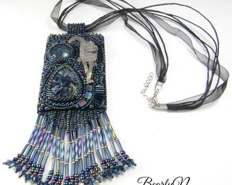 Bead embroidery necklace with wolf pendant and pietersite cabochon