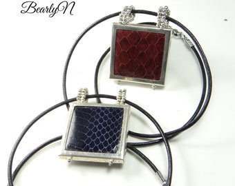 Customizable snakeskin square pendant, midnight blue or burgundy red