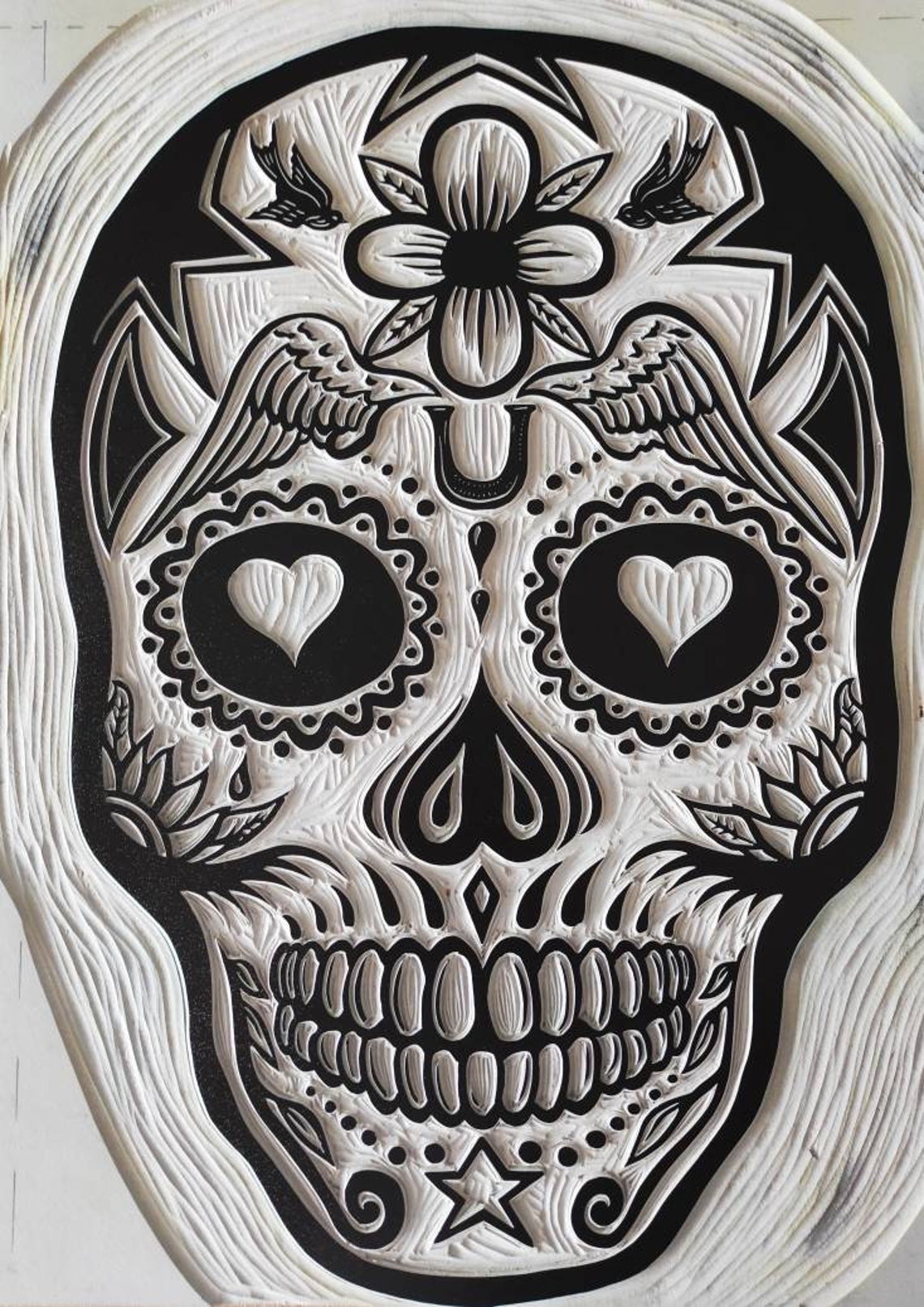 Skull Linocut / Large Candy Skull Wall Art/ Handmade Reduction Etsy UK