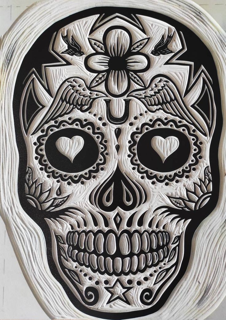 Skull Linocut / Large Candy Skull Wall Art/ Handmade Reduction Etsy UK