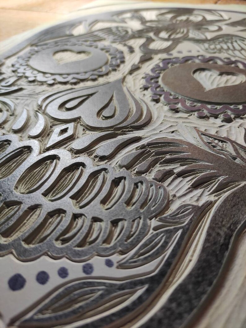 Skull Linocut / Large Candy Skull Wall Art/ Handmade Reduction Etsy UK