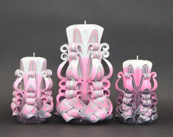 Pink and Gray candles set, Hand carved candles, Decorative candles, Home decor, Christmas gift, Unique candle, Carved candles, carved candle