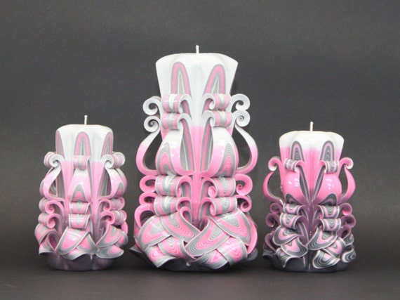Pink And Gray Candles Set Hand Carved Candles Decorative Etsy