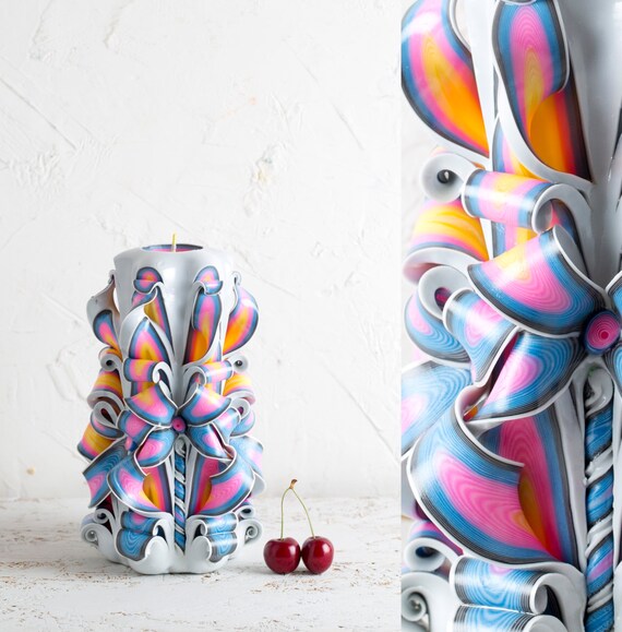 Big White Rainbow Candle Carved Candles Decorative Candles Etsy