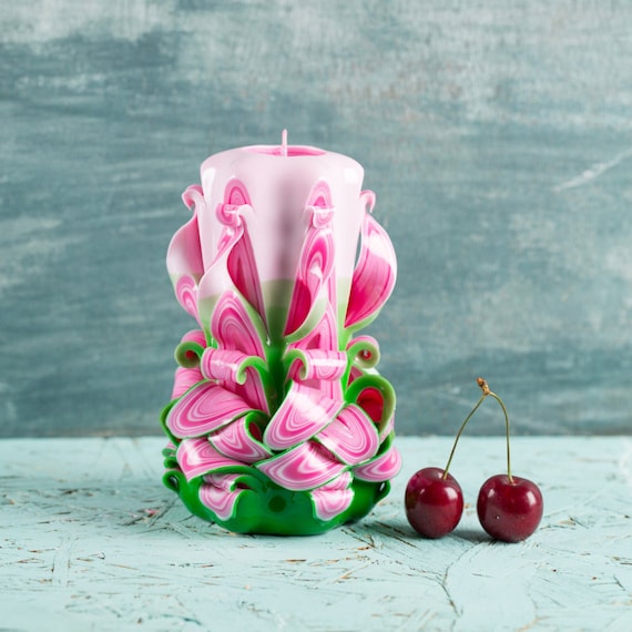FREE SHIPPING Pink Green White candle Carved candles Carved