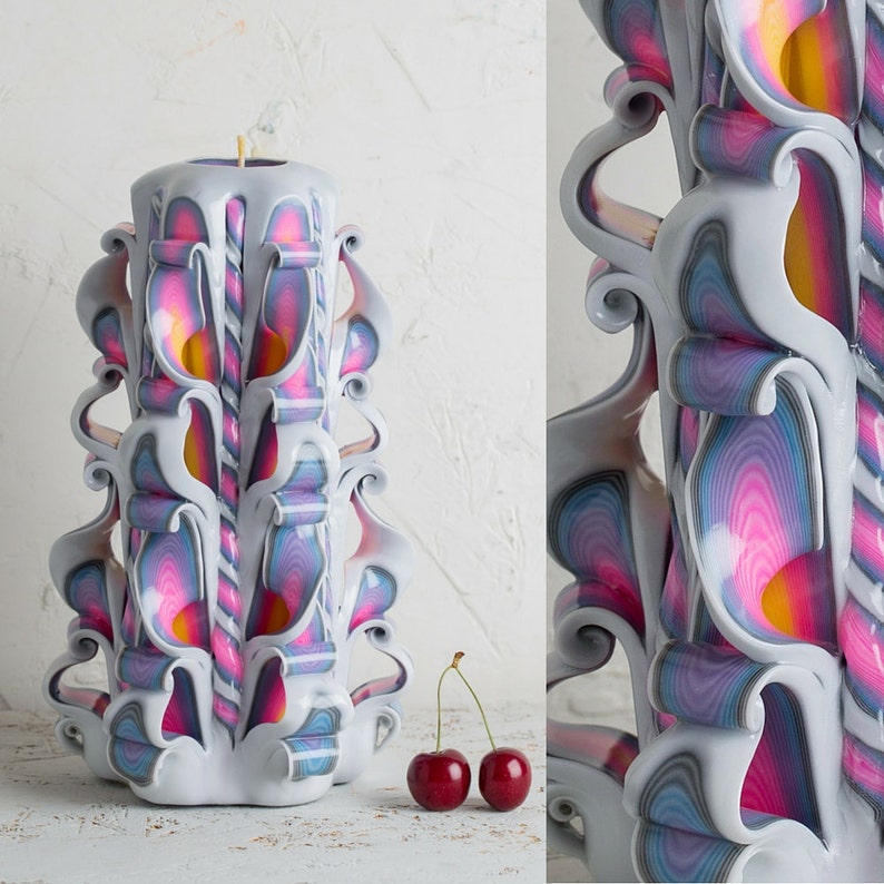 Large Carved Candles White Rainbow Decorative Candles Hand Etsy