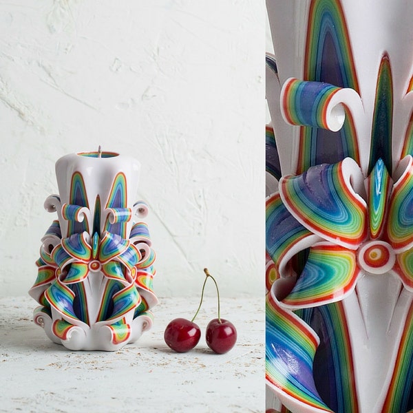 Best mothers day gifts, Easter gift ideas, Boho Hand Carved candle, Unique multi color luxury decorative candle, Unique gift, Rainbow candle