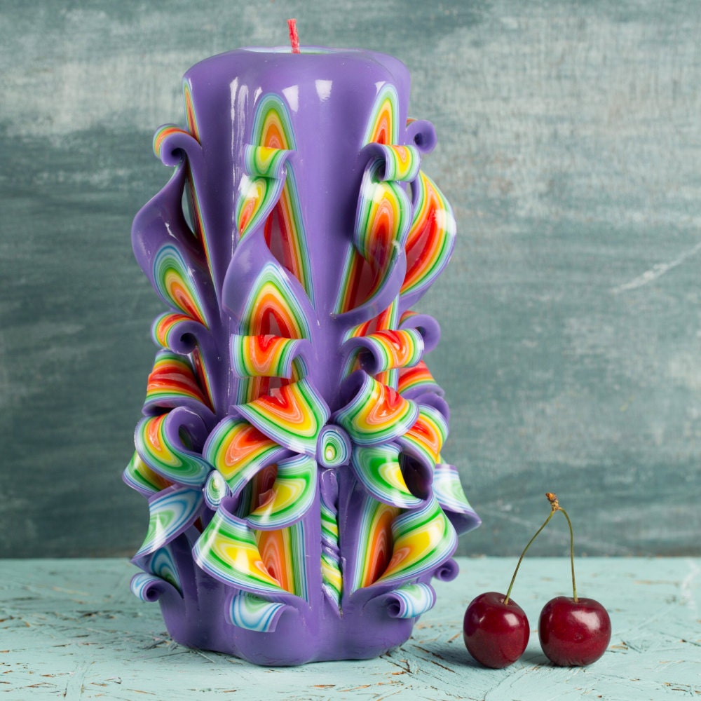 Ribbon candles Purple Rainbow candle Carved candle Etsy