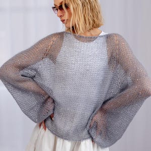 Coarse-Knit Mohair Sweater with Lavender Sequin – Gray Steel Silk Blend, Soft Kid Mohair Pullover S/M
