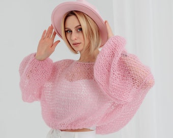 Chunky oversized mohair sweater Wool hand knit sweater for women Off shoulder knit sweater mohair pullover Pink Mohair Sweater pullover
