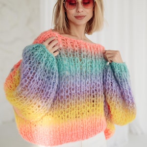 Gradient mohair sweater,Mohair pullover, Knitted sweater, Handknit sweater, Wool jumper, Women Sweater, rainbow mohair cropped sweater