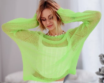 Neon sweater, Neon Green Yellow Hand Knitted sweater, Fluo Yellow pullover, Oversized Mohair Sweater, Kidmohair sweater, Wool sweater