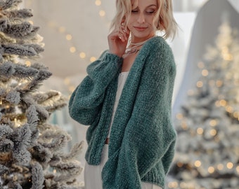 Mohair Cardigan, Green Mohair Sweater, Bomber Cardigan, Oversized Sweater, Green Cardigan, Women Green Wool Coat, Chunky Knit Sweater