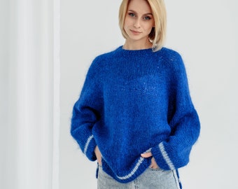 blue sweater, women pullover, Handknit Sweater, Turtleneck Blue Knit Sweater, Blue Sweater for Women, Mohair Sweater, Blue Jumper