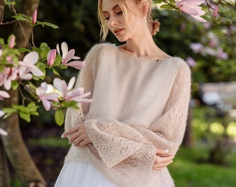 Ivory mohair wedding sweater, ivory bridal silk mohair jumper, puff sleeves mohair sweater, mohair ivory cover up, Summer mohair jumper