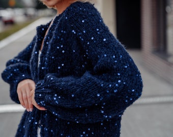 Light Blue Cable Knit Mohair Cardigan, Oversized Sky Blue Sweater