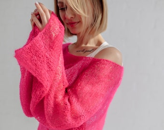 Loose Knit Sweater, Pink Mesh Sweater, Mohair Light Sweater, Minimalistic Thin Sweater, Open Weave Sweater, See Through Sweater Spring, Neon