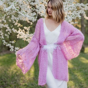 Cardigan Women Mohair Pink, Wool long cardigan, Mohair Cardigan, Chunky cardigan, Open front cardigan, 100% hand made, Made in Ukraine image 1