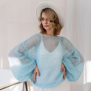 Blue Mohair Sweater, Blue sweater, Wool sweater, Blue pullover, Handknit sweater, Knitted sweater, 100% hand made , Blue Mohair Sweater
