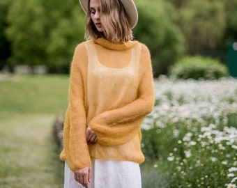 Chunky sweater,mohair sweater, yellow sweater, hand knit sweater, chunky knit sweater, long sleeves sweater, mustard wool, gold sweater