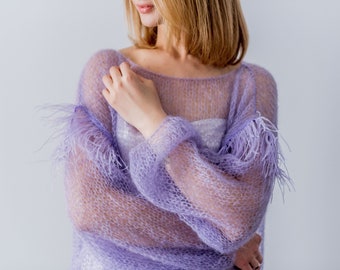 Pullover of mohair, Mohair sweater, mohair cobweb, mohair pullover, Knitted sweater, violet sweater, Made in Ukraine, Lilac Mohair Jumper