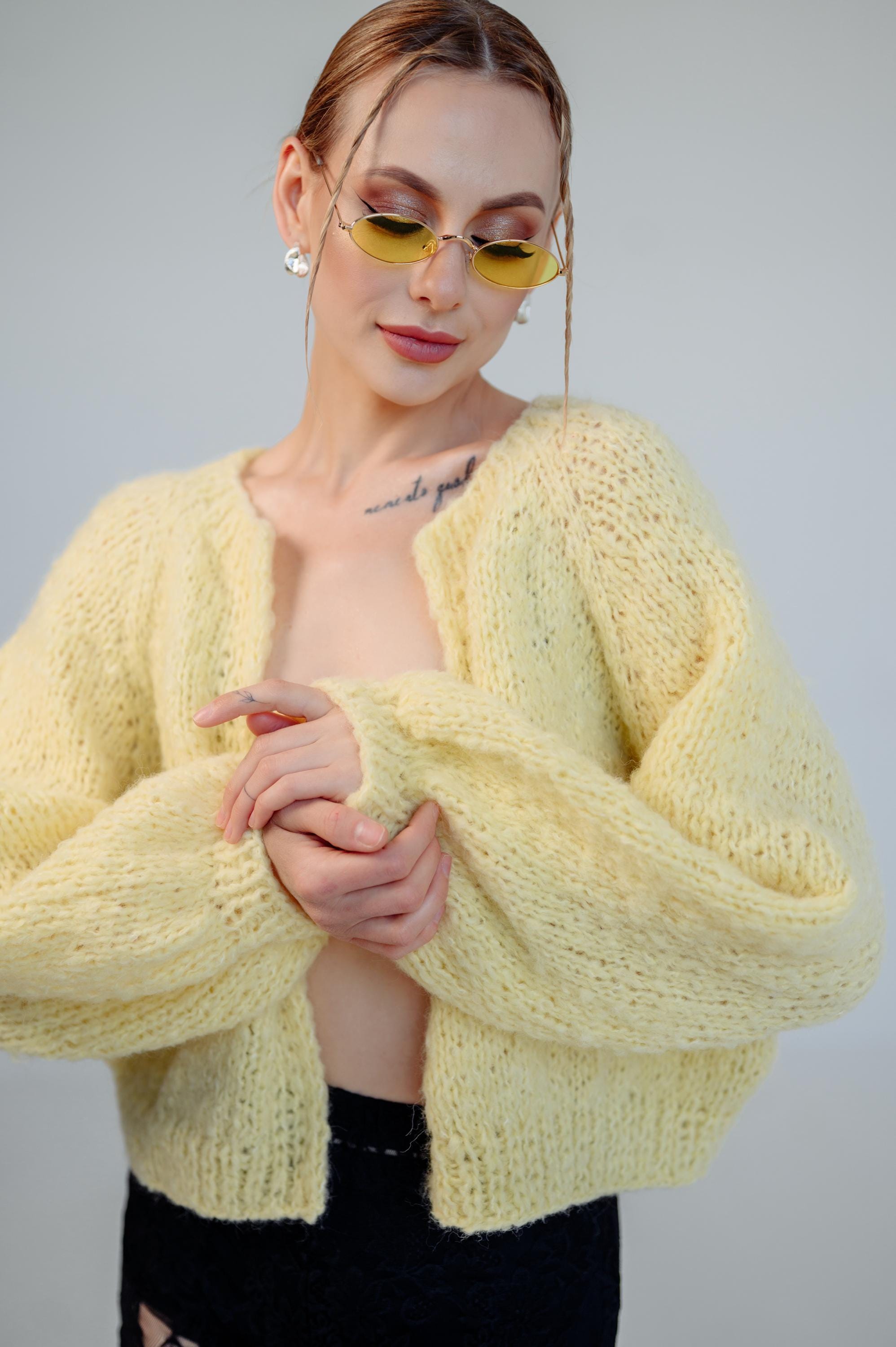 MOHAIR KNIT CARDIGAN（YELLOW） Yellow Mohair Knit Cardigan, 1930s Ribbon Bow, Handmade Vintage