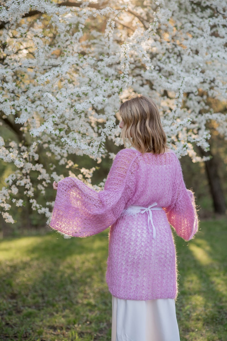 Cardigan Women Mohair Pink, Wool long cardigan, Mohair Cardigan, Chunky cardigan, Open front cardigan, 100% hand made, Made in Ukraine image 5