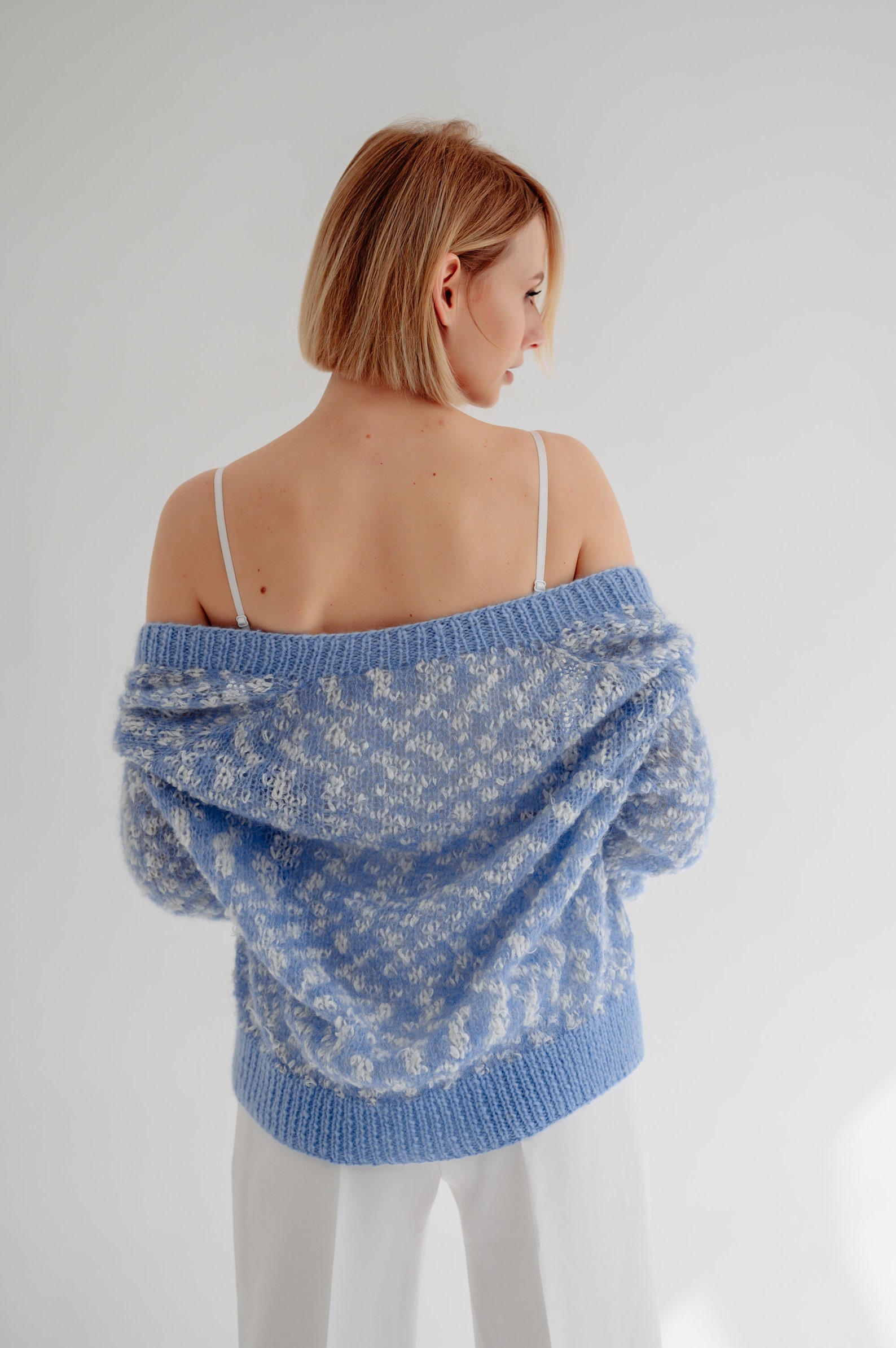 Wool Knit Hooded Cardigan Jacket - Blue