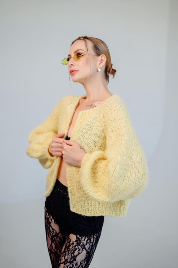 Yellow Cardigan, Fluffy Mohair Bomber, Open Front Cardigan, Loose