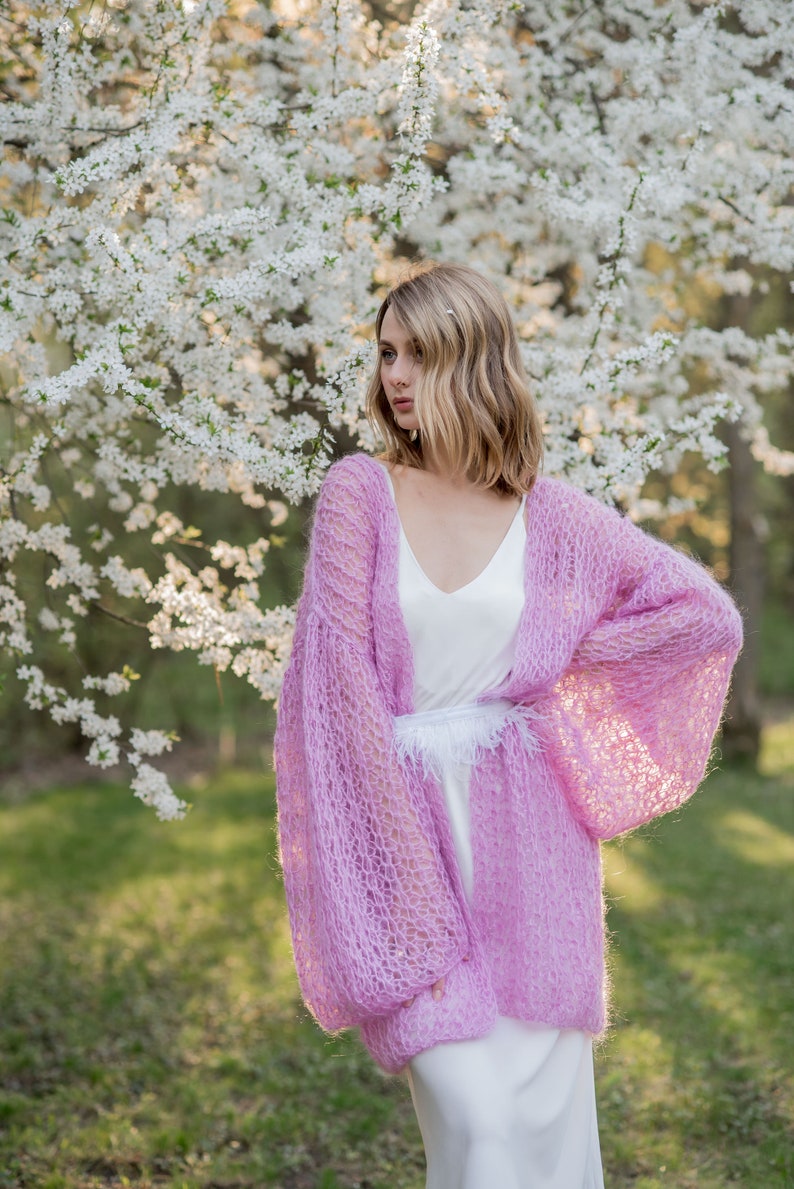 Cardigan Women Mohair Pink, Wool long cardigan, Mohair Cardigan, Chunky cardigan, Open front cardigan, 100% hand made, Made in Ukraine image 2