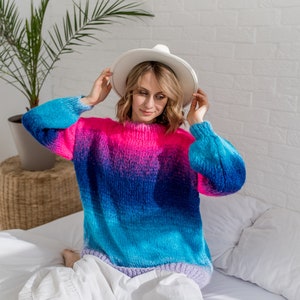 Hot pink sweater women, ombre sweater, mohair turtleneck, Oversized knit sweater, Ombre mohair sweater, Super pullover, Hand knitted sweater