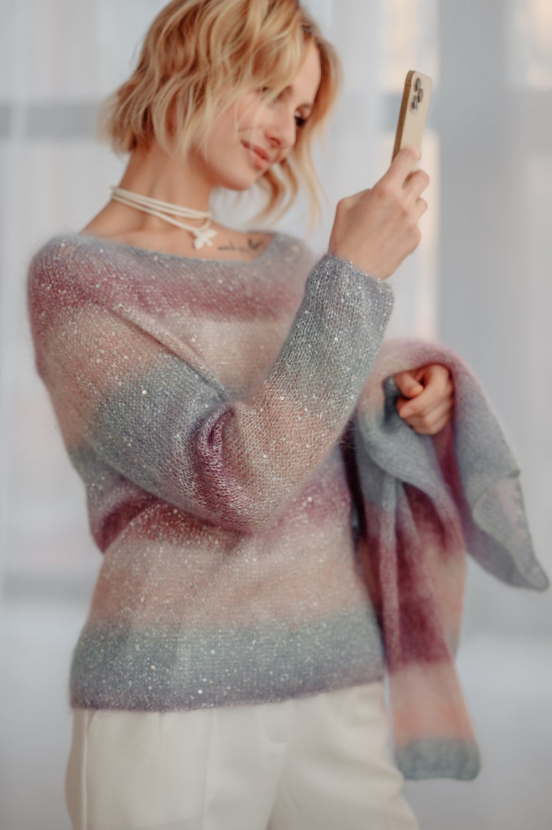 Mohair Sweater, Women's pullover, Sequined Sweater, Shiny Sweater, Micro Sequin Sweater, Turtleneck jumper, sequin sweater, hand knitted image 2